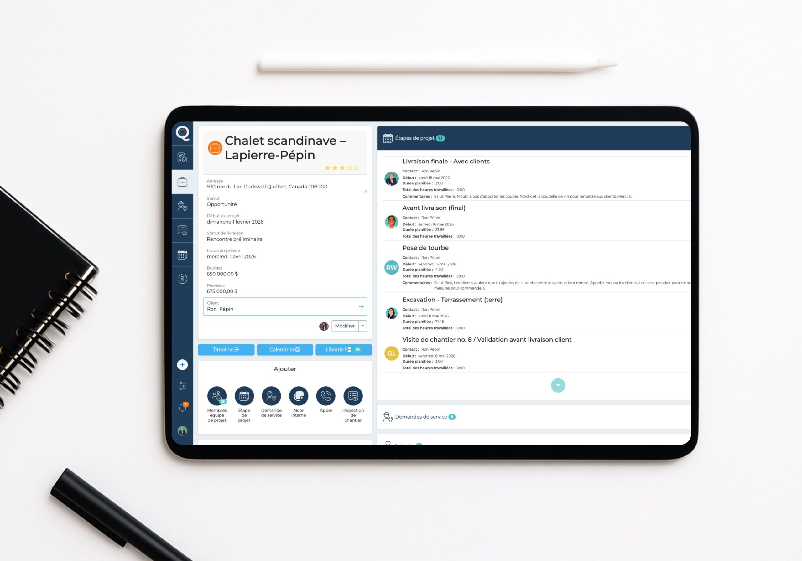 Aperçu d'une fiche projet avec étapes dans CynQ
