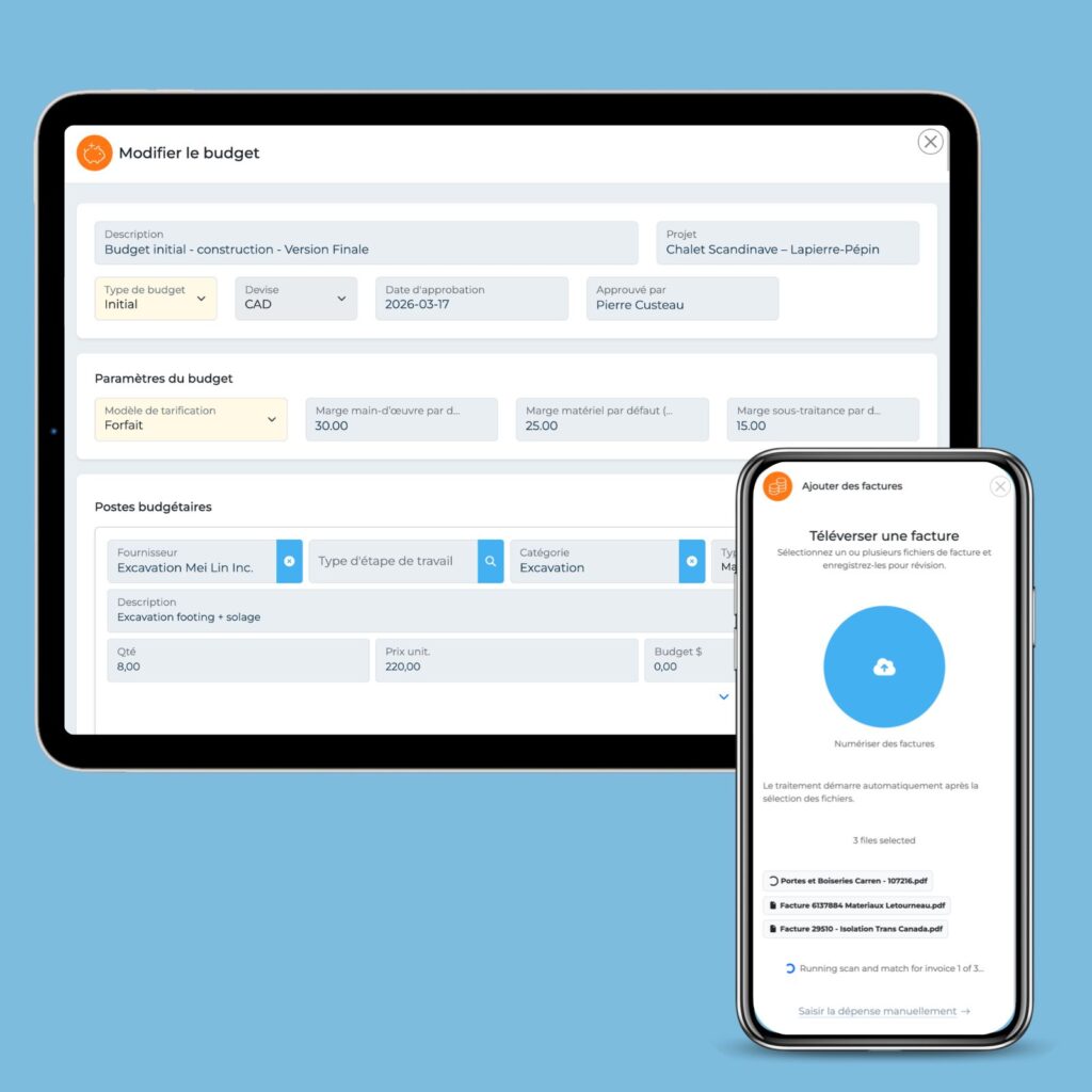 Interface CynQ permettant le téléchargement de factures pour analyse IA et association avec le budget du projet dans CynQ